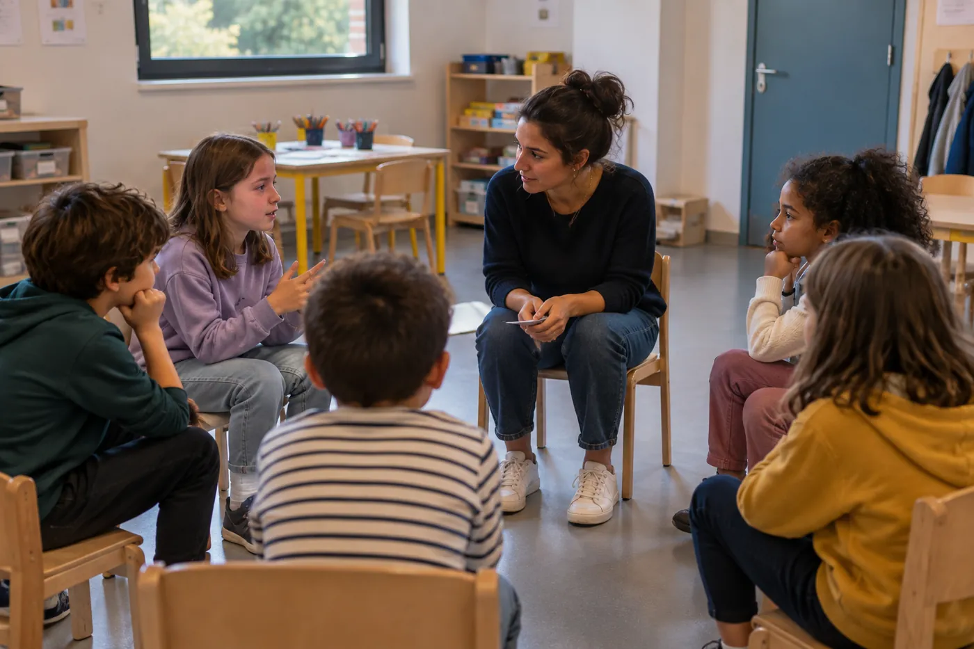 Atelier philosophique&nbsp;: des enfants assis en cercle échangent avec l’animatrice