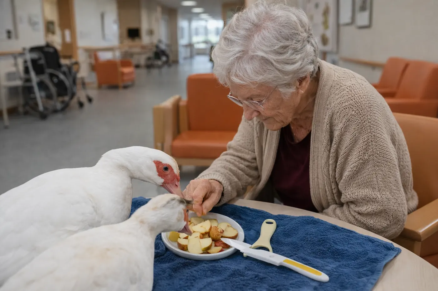 Une dame âgée nourrit deux canards blancs dans une résidence
