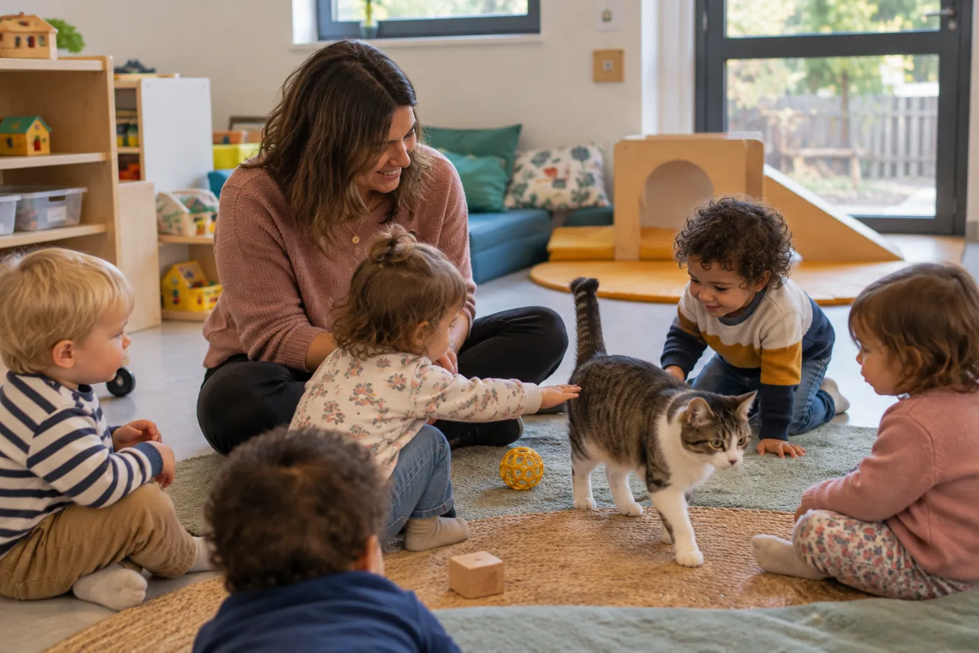 Séance de médiation animale&nbsp;: de jeunes enfants assis en cercle découvrent un chat, avec l’intervenante