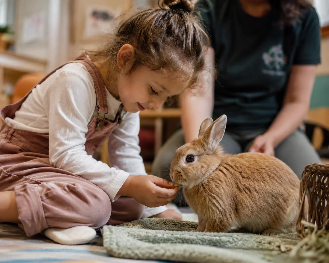Une enfant nourrit un lapin, accompagnée par Héléna