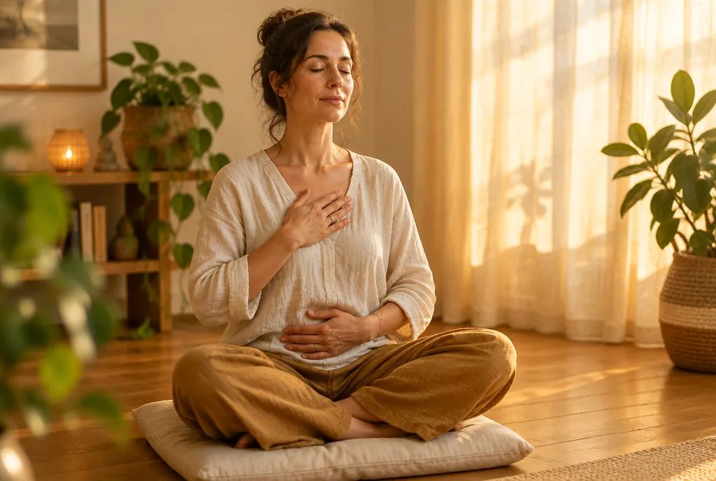 Une femme assise en tailleur, yeux fermés, une main sur la poitrine et l’autre sur le ventre, respire calmement dans une lumière dorée